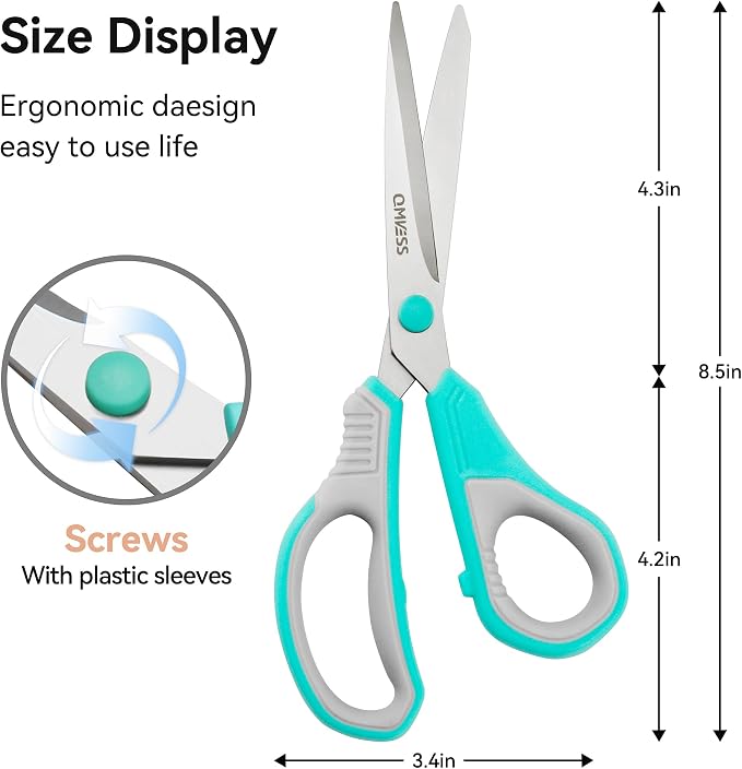 QMVESS 8.5" Scissors All Purpose 3 Pack Heavy Duty for Office School Fabric | Ultra Sharp 2.5mm Thick Stainless Blade, Ergonomic Comfort Grip, Left & Right Handed Classroom Must-Have Cutting General Use