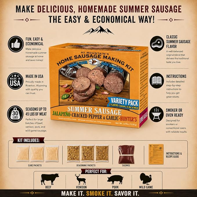 Hi Mountain VARIETY PACK Summer Sausage Kit | JALAPENO, CRACKED PEPPER & GARLIC & HUNTER'S BLEND. Seasoning, cure & 15 casings. Beef, venison, deer, elk. Up to 45 lbs