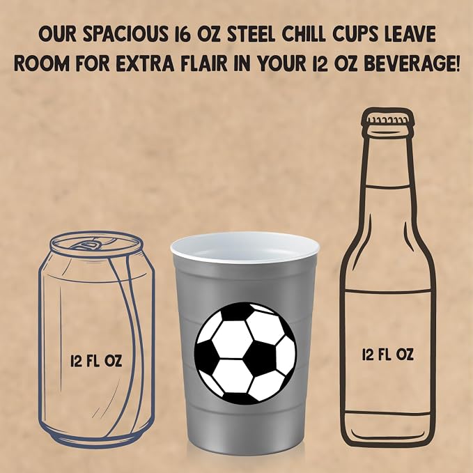 Steel Chill Cups 16 oz. Reusable Party Cups, Soccer, Green, 12 Count | Made in USA from Steel these durable cups chill fast & keep your drink cold for longer, 100% recyclable for sustainablity