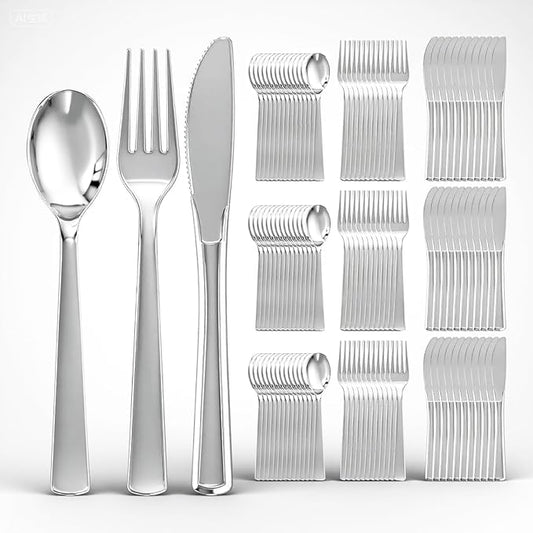 EI 360pcs Silver Plastic Silverware,Plastic Spoons and Forks,Plastic Silverware Heavy Duty,Disposable Plastic Cutlery include 120pcs Plastic Forks,120pcs Plastic Spoons and 120pcs Plastic Knives
