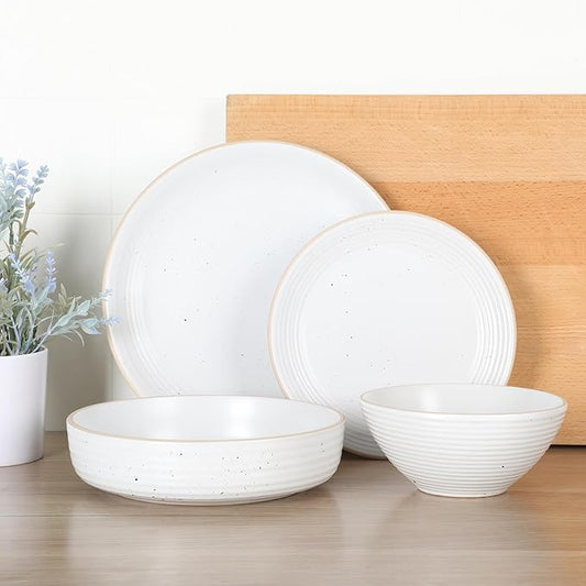 Gibson Home Dinah 16-Piece Matte White Stoneware Dinnerware Set – Double Bowl, Embossed Speckled Design, Durable Kitchen Dinnerware