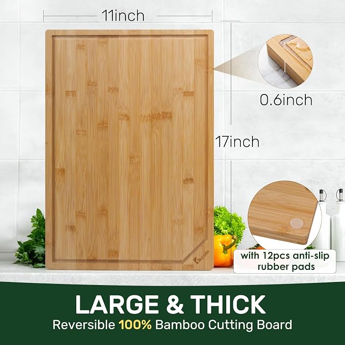 Kikcoin 17"×11" Bamboo Cutting Boards for Kitchen, Knife-Friendly Food Grade Wooden Cutting Boards for Kitchen, Charcuterie, Extra Large Chopping Boards with Deep Juice Groove, Reversible, Natural