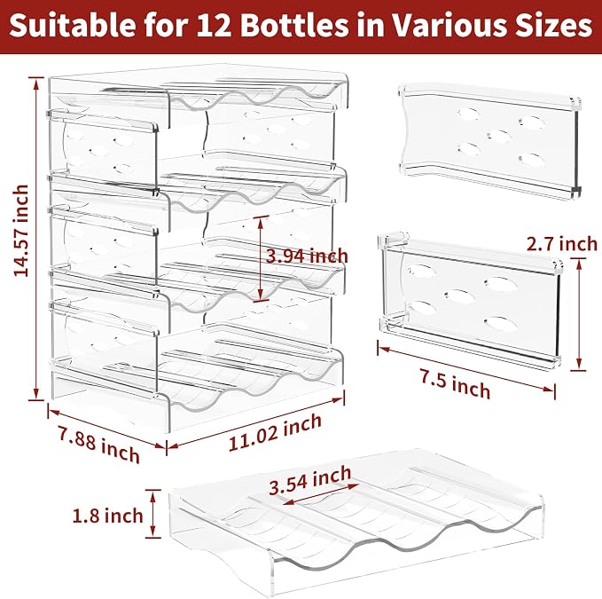 EZ COZY Wine Rack, 4 Tier Water Bottle Organizer for Cabinet (12 Bottles) | Clear Freestanding Wine Bottle Holder for Cabinet, Fridge, Pantry, Wine Rack for Inside Cabinet, Refrigerator, Countertop