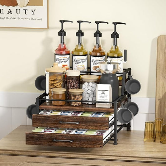 Homsorout Coffee Syrup Rack Organizer - 4-Tier 8 Syrup Wine Bottles Stand with 82 Storage Drawer for K Cups, Coffee Pod Holder for Countertop, Bar Station, Kitchen, Rustic Brown