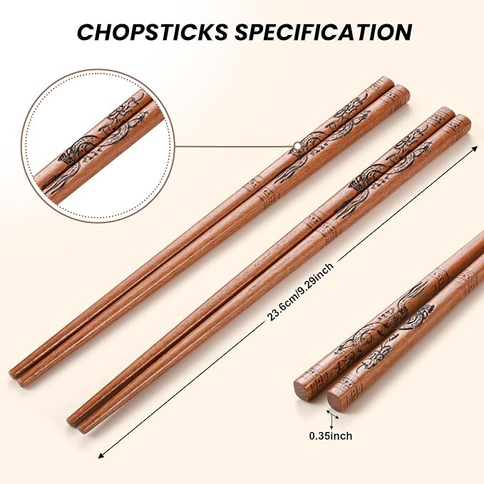 Reusable Chopsticks, Hand-Carved Dragon Design Wooden Chopstick, Chinese Chopsticks Reusable Dishwasher Safe, Chop Sticks Gift Sets - 4 Pairs