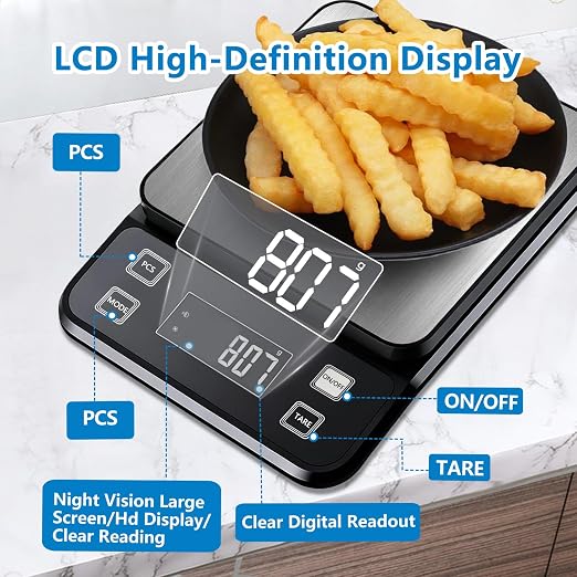 IPX7 Waterproof Food Scale 0.1g Precision Kitchen Scale, 10kg/22lb Digital Food Scale USB Rechargeable, Backlight Gram Scale Stainless Steel & Washable Digital Scale for Cooking, Baking,Weight Loss