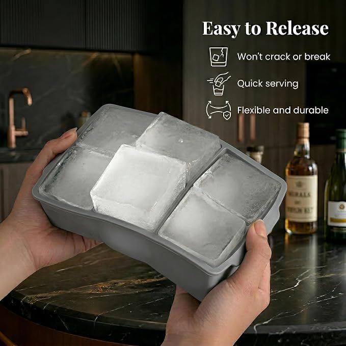 KitchFort® Large Silicone Ice Cube Tray (3-Pack), Easy Release 2" Big Ice Cubes - Cocktail, Whiskey Ice Cubes Mold - Ice Trays for Freezer with Lid - Stackable Silicone Ice Tray - Gray
