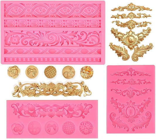 JOERSH 3PCS Baroque Scroll Molds Silicone Border Fondant Mold for for Wedding Birthday Cake Decorating, Cupcake Topper, Chocolate, Candy, Candle, Clay