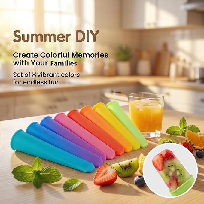 RAINFLOW 8 PCS Silicone Popsicle Molds - Reusable Popsicle Maker with Lids,Leak Proof Pop Tubes,Food Grade Silicone Freezer Molds for Homemade Ice Pops,Yogurt Tubes,Family Snacks