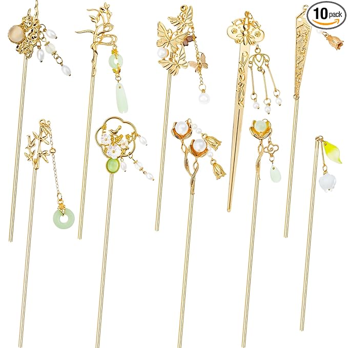 10PCS Gold Decorative Vintage Retro Pearl Gold Metal Hair Sticks Pins with Pendants Chinese Hanfu Asian Flower Butterfly Hair Chopsticks Hair Bun Updo Holders Long Thick Hair Accessories for Women