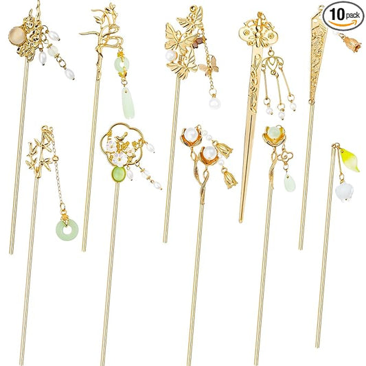 10PCS Gold Decorative Vintage Retro Pearl Gold Metal Hair Sticks Pins with Pendants Chinese Hanfu Asian Flower Butterfly Hair Chopsticks Hair Bun Updo Holders Long Thick Hair Accessories for Women