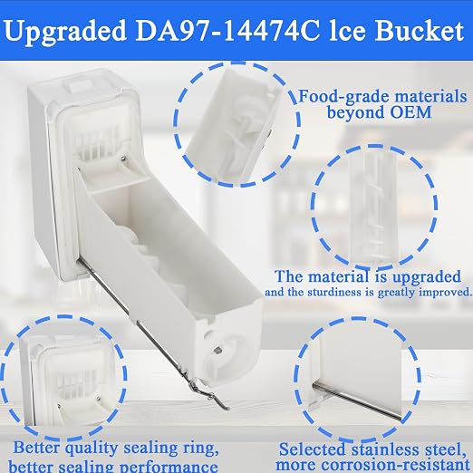 DA97-14474C, DA97-14474A, DA97-12604D Ice Bucket, ice Container Bucket Compatible with Samsung RF25, RF26, RF28, Series Refrigerator etc, Part Number: DA97-21040A, AP6034185 etc One Year Warranty