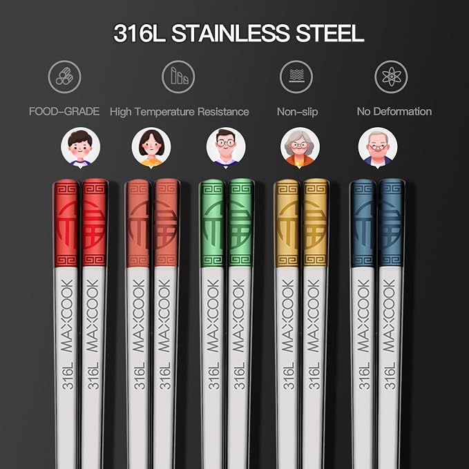 Metal Chopsticks, 5 Pairs 316L Stainless Steel Chopstick，Non-Slip Sushi Chop sticks with Laser Engraving, Reusable Chopsticks for Japanese Cuisine (9.25 Inch)