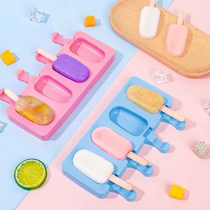 Ouddy Life Popsicle Molds Set of 2, Ice Pop Molds Silicone 4 Cavities Ice Cream Mold Oval Cake Pop Mold with 50 Wooden Sticks for DIY Popsicle (Pink, Blue)