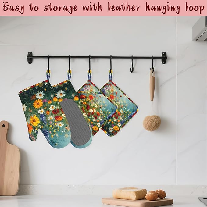Vintage Oil Painting Flower Field Oven Mitts and Pot Holders (4PCS),Heat Resistant Non-Slip Silicone Kitchen Gloves for Cooking, Baking, BBQ Waterproof Kitchen Accessories
