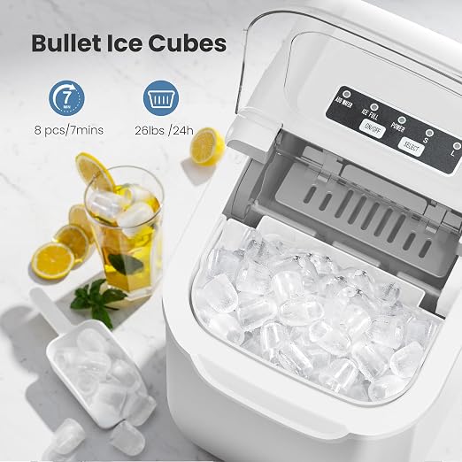 Crzoe Ice Makers Countertop with Handle, 2 Sizes of Ice, 8 Bullet Ice Cubes in 6 Mins, 26Lbs/24H, Portable Ice Maker with Self-Cleaning, Ice Machine for Home&Kitchen&Office&Party(White)