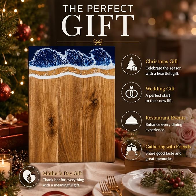 Ocean Resin Charcuterie Board, Handmade Acacia Wood Cutting Board, Decorative Serving Tray for Cheese Fruit Meat Vegetable, Stylish Kitchen Accessory, Ideal Housewarming Wedding Gift