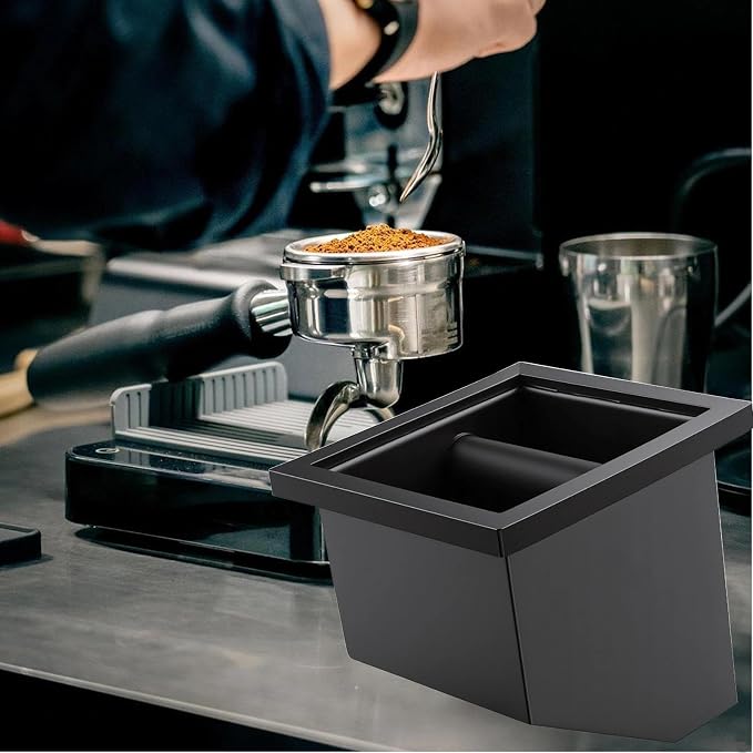 Bottomless Espresso Knock Box, Stainless Steel Coffee Grounds Container with Removable Bar & Bottomless Chute, Built-in Desktop Waste Bucket for Commercial Cafes Restaurants, Trapezoid