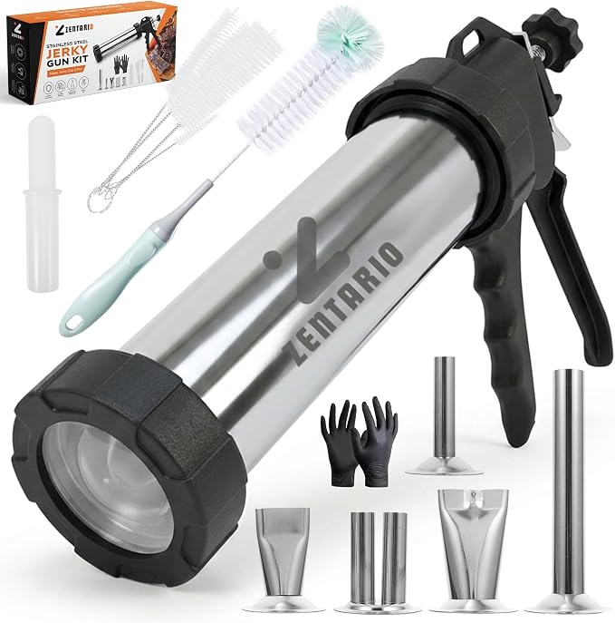 Jerky Gun for Ground Meat, Stainless Steel Beef Jerky Maker Kit | Beef jerky gun stainless steel 304, meat stick maker, 5 nozzles, 5 brushes, meat pusher, gloves, 1.7 lb barrel