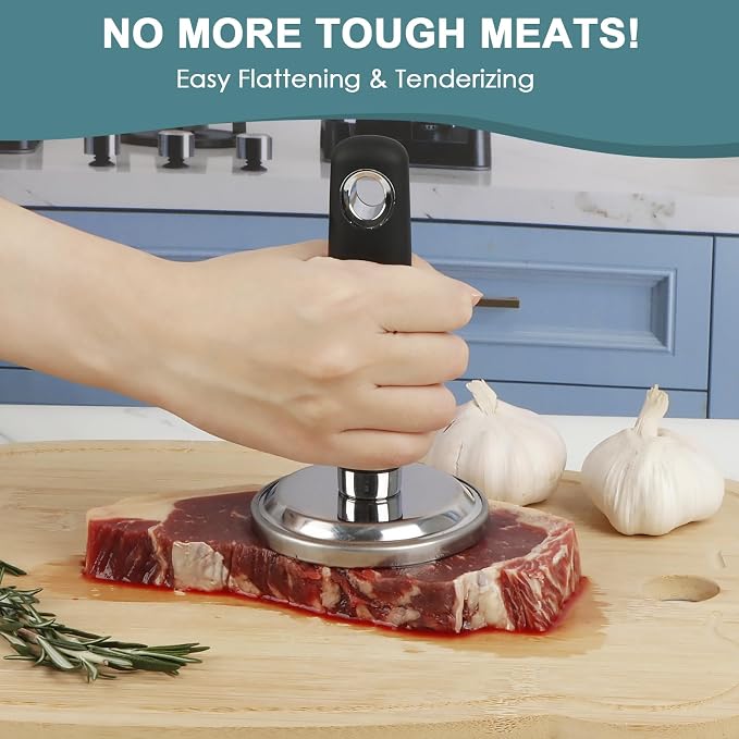 Meat Pounder Tenderizer, Stainless Steel Kitchen Meat Tenderizer Hammer, Round Chicken Flattener Tool with Comfortable-Grip Rubber Handle for Flattening Cutlets and Tenderizing Meat