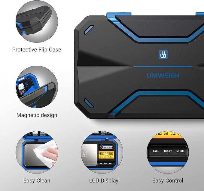 UNIWEIGH Digital Pocket Scale 200g/0.01g, Digital Gram Scale Precision | Mini Jewelry Scales digital weight grams with 50g Cal Weights for food,Jewelry,Coins,small items,(Battery Included)-Blue