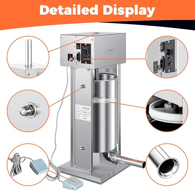 Electric Sausage Stuffer Maker, Vertical Electric Stuffer 11 Adjustable Speed Stainless Steel Commercial Sausage Filler Meat Stuffers with 5 Stuffing Tubes, Home & Commercial (30Lb/15L)