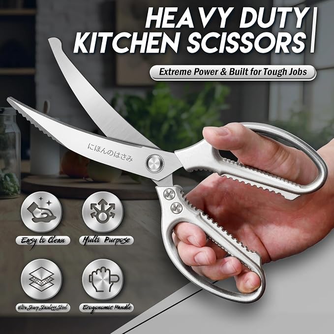TIJERAS Kitchen Scissors Shears Set - 2PCS Stainless Steel Sharp | Meat & Heavy Duty Poultry Sharp Shears, Dishwasher Safe, Japanese Cooking Scissor for Food Chicken, Gifts for Women, Silver