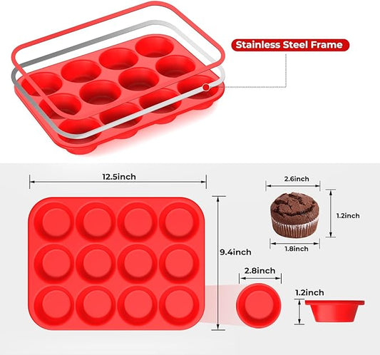 Silicone Muffin Pan for Baking: 12 Cup Muffin Pan with Metal Reinforced Frame, Regular Size Cupcake Egg Bites Molds for Baking, BPA Free Silicone Muffin Tray, Dishwasher Safe (1 Pack, Red)