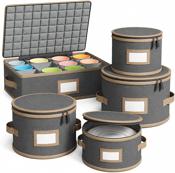 Hard Shell China Storage Containers – 5 Piece Set for Storing Dinner Plates, Salad Plates, Mugs, Quilted Dividers for Safe Moving and Seasonal Storage, Grey with Brown Edging