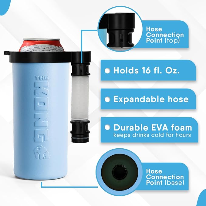 The Kong Skinny Can - Portable Coozie or Bottle Cooler/Cup With Detachable, Expandable, Hose To Funnel Your Drink (Blue)