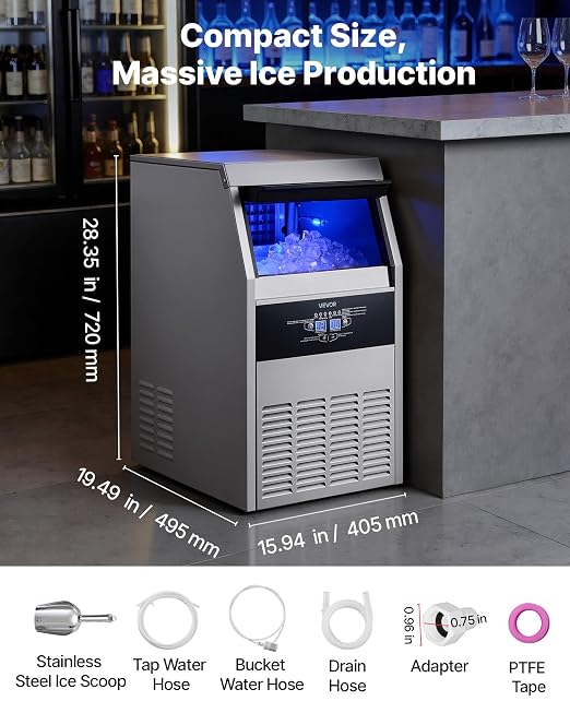 VEVOR Commercial Ice Maker Machine, 150 lbs/24h with 30 lbs Storage Capacity, Dual Water Inlet,Built-in/Freestanding/Under Counter, Stainless Steel Ice Maker with LED Display, for Home Bar Restaurant