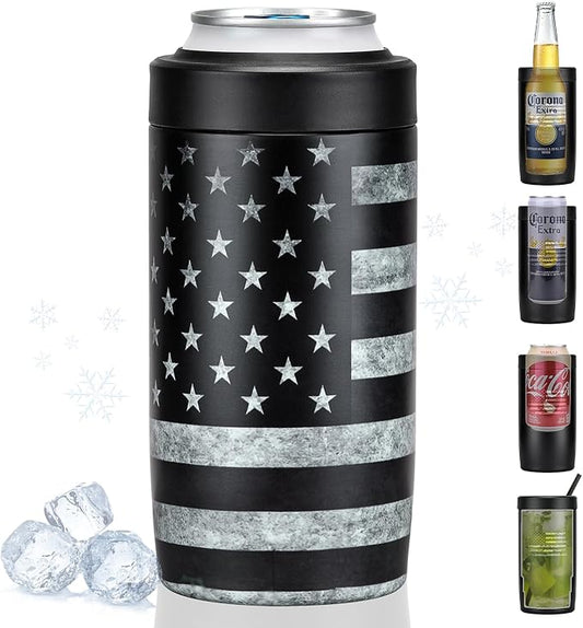 4-in-1 Slim Can Cooler Easy to Hold Insulated Beer Can Holder Double-Walled Stainless Steel for All 12 Oz Cans Black America Flag 2