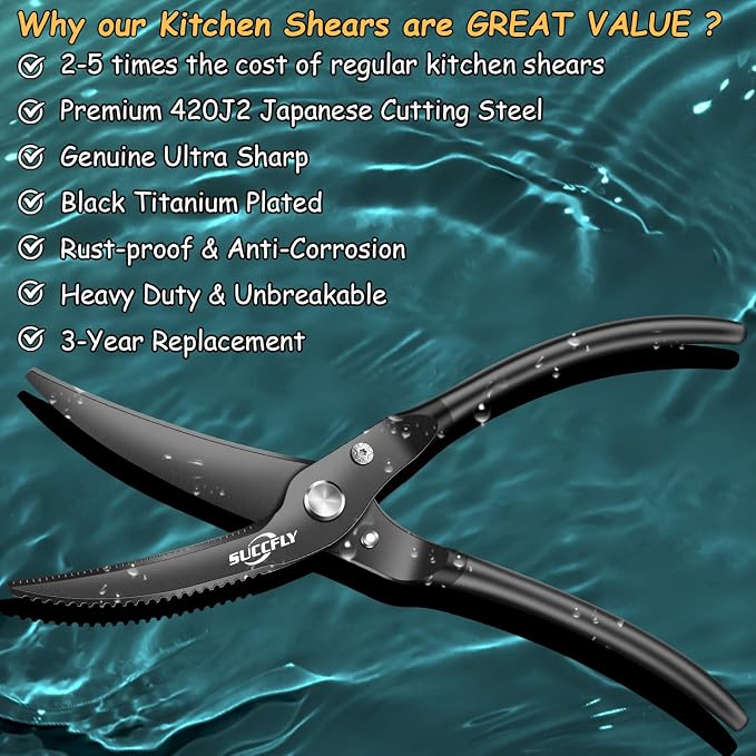 SUCCFLY Kitchen Shears Heavy Duty, Premium Kitchen Scissors Stainless Steel, 8.8" Poultry Shears Ultra Sharp for Bone Chicken Meat, Food Scissors Anti-Slip Handle, Black Titanium Plated, Spring Loaded | Premium Kitchen Shears, Ultra Sharp 420J2 Blade, ...