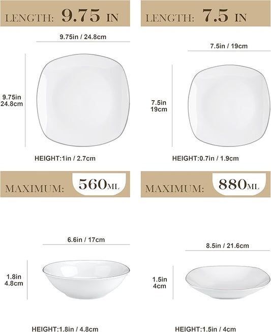 MALACASA Dinnerware Sets, 24 Piece Porcelain Square Dishes, White with Silver Rim Plates and Bowls Sets, Ceramic Dish Set for 6, Chip Resistant Dishware Sets, Series ELISA