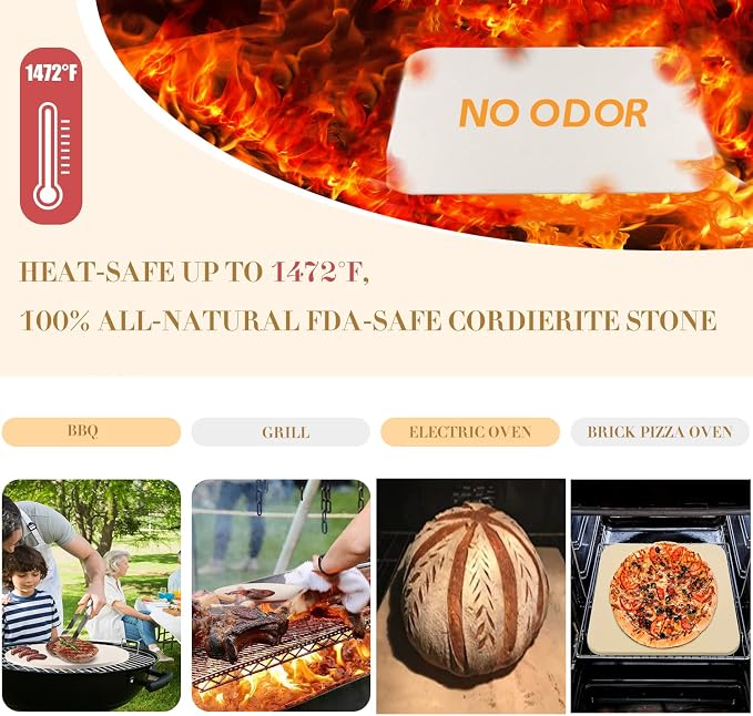 4 PCS Rectangle Pizza Stone Set, 15" Large Pizza Stone for Oven and Grill with Pizza Peel(OAK), Pizza Cutter & 10pcs Cooking Paper for Free, Baking Stone for Pizza, Bread,BBQ | Complete pizza stone set:15 x 12 inch Baking stone and pizza peel,Pizza Cut...