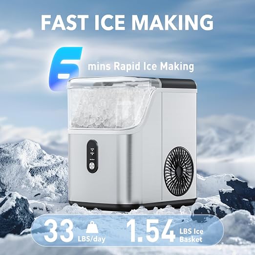 33 LBS Per Day Portable Countertop Ice Maker, Self-Cleaning Soft Chewable Pellet Ice Machine with Scoop, Ideal for Home/Kitchen/Bar/Camping