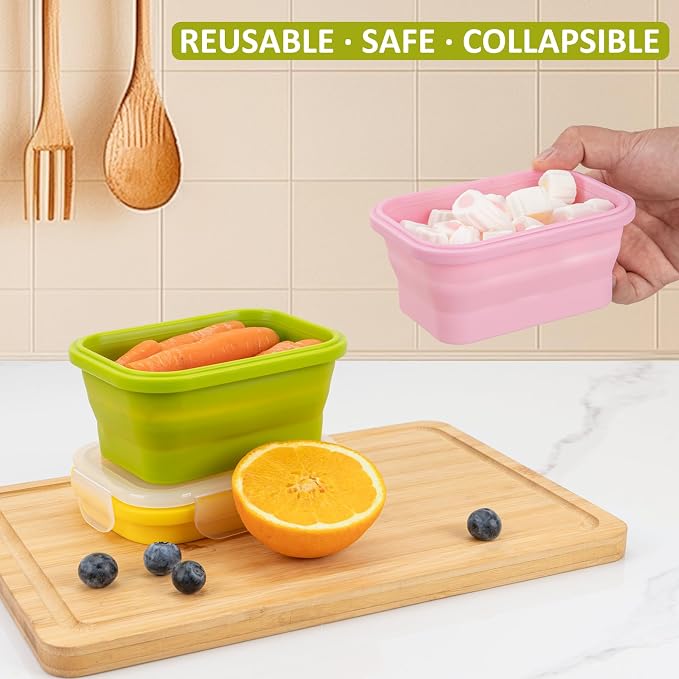 Reusable Silicone Snack Sontainers with Lids, 14oz, Small Collapsible Food Storage Containers for Meal Lunch Small Portion, Stackable, Space Saver for RV, Travel, Microwave Dishwasher Safe, 6 Pack