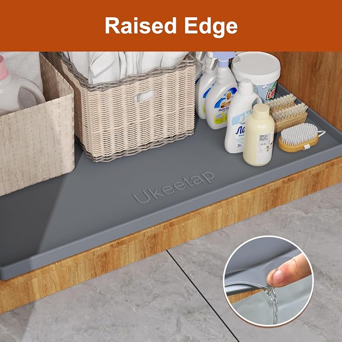 ukeetap 25" x 22" Extra Thick Silicone Mat Waterproof with Raised Edge, Under Sink Mat for Kitchen & Bathroom, Kitchen Cabinet Liner, Multi-Purpose for Storage & Protection, Gray