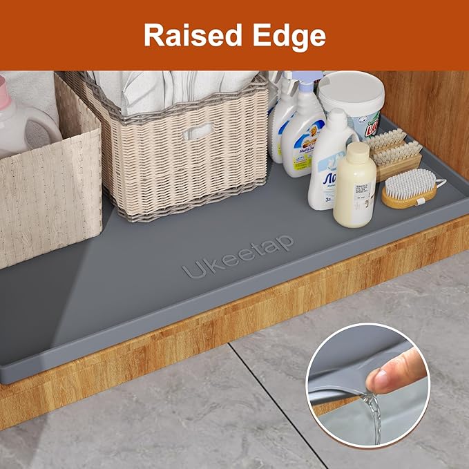 ukeetap 31" x 22" Extra Thick Silicone Mat Waterproof with Raised Edge, Under Sink Mat for Kitchen & Bathroom, Kitchen Cabinet Liner, Multi-Purpose for Storage & Protection, Gray