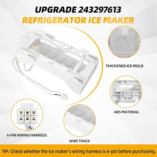 Upgraded 243297609 243297613 Ice Maker Replacement Refrigerator Ice Makers Fits for Frigidaire Ice-Maker 243297613, for Electrolux Icemaker Replacement Parts, Replaces 243297606, 6-Pin