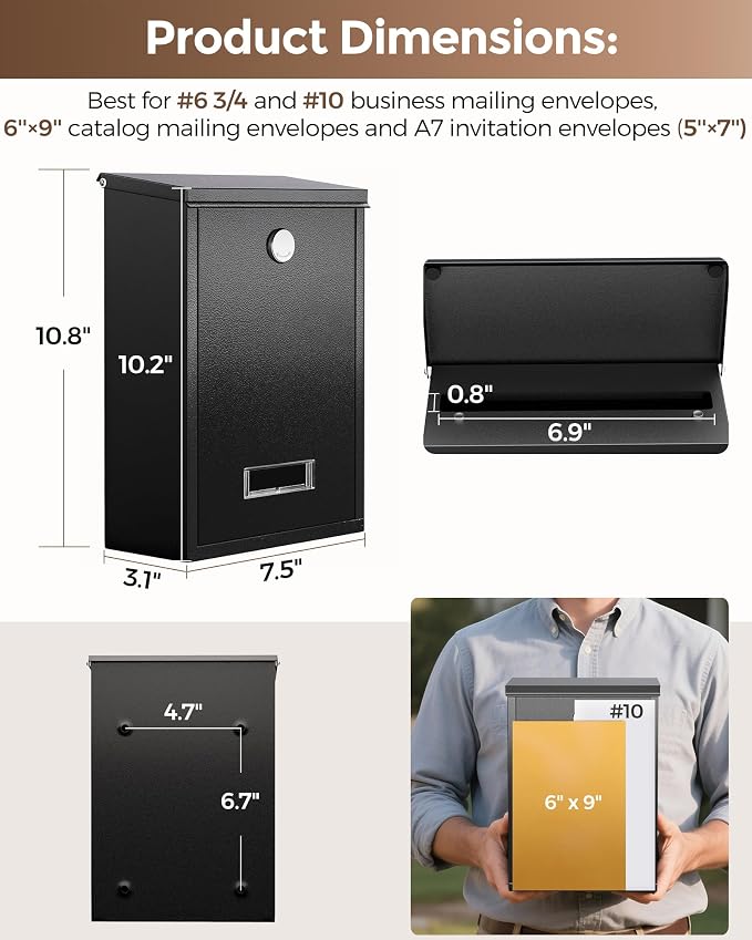 LAND·VOI Locking Wall-Mount Mailbox for Outside, with 4 Keys, Galvanized Steel Rustproof Metal Postbox, 3.1" Dx7.5 Wx10.8 H, Includes 3 Sets of Mailbox Numbers, Nameplate, Black, AMB32B