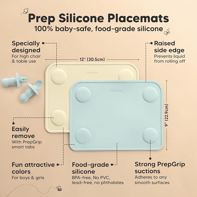 KeaBabies 2pk Silicone Placemats for Toddlers, Kids, 12x9 (Pastel Sky) | Non Slip Suction Silicone Placemat for Restaurants, Dining Table,Travel, Easy to Clean, Food Grade, BPA-Free, Large Table Mat