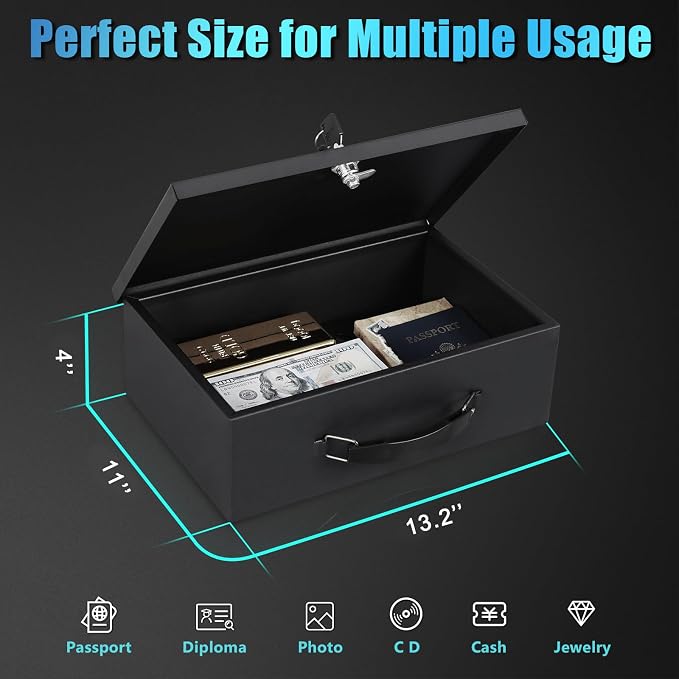 xydled Fireproof Document Box with Key Lock, Fire Safe Box, Black | Fire and water resistant lock box for documents, passports, cash and valuables, keeping secure at home, 13.2 x 11 x 4 Inch