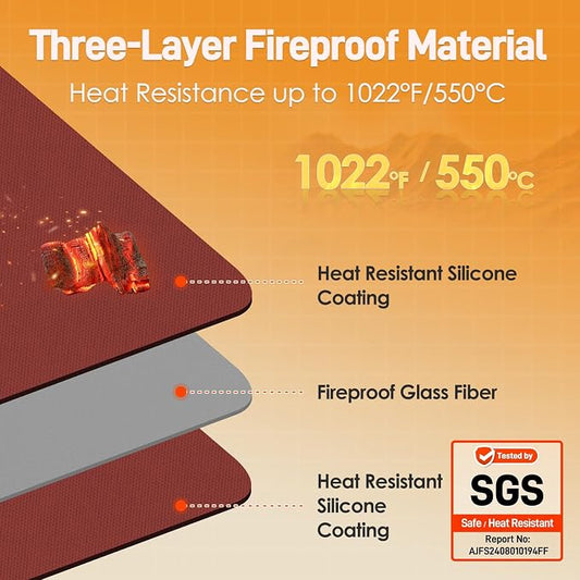 Heat Resistant Mats for Countertop fits Tabletop Grill, 25x19x0.04in, Red | 1022℉ Fireproof grill mat for countertop/table protection, fits gas/charcoal grills, pizza ovens, fits Blackstone & Ninja