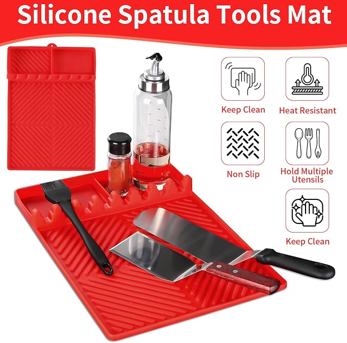 Find law Silicone Tools Mat for Griddle & Kitchen Countertop | Red Side Shelf Spatula Mat with Drip Pad for Blackstone Weber Traeger Pit Boss Flat Top Grill Smoker, BBQ Gifts for Men