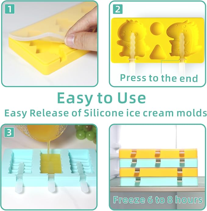Kids Cartoon Popsicle Molds - 4 Pack, 10-Cavity Food-Grade Silicone Ice Pop Cream Molds, with Reusable Sticks, Non-Stick Flat Design, Easy Release, Stackable for Space Saving