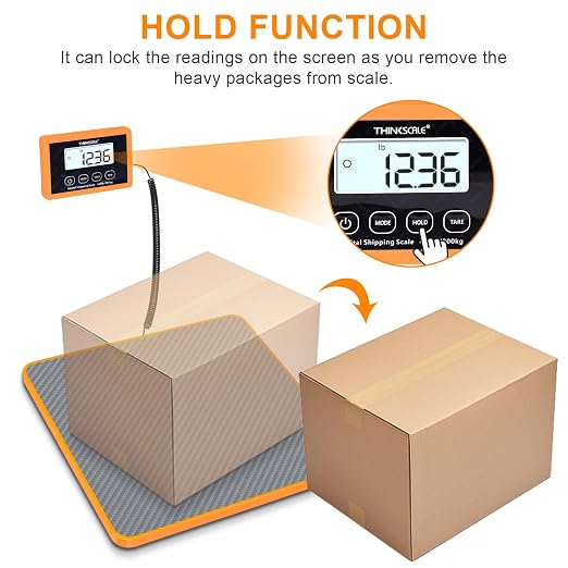 THINKSCALE Shipping Scale, 440lb, 10g/1oz Postal Scale, Hold/Tare | Carbon Fiber Platform – Anti-Slip & Lightweight, Backlit LCD Easy Read, for Packages & Mail. Battery + AC adapter included