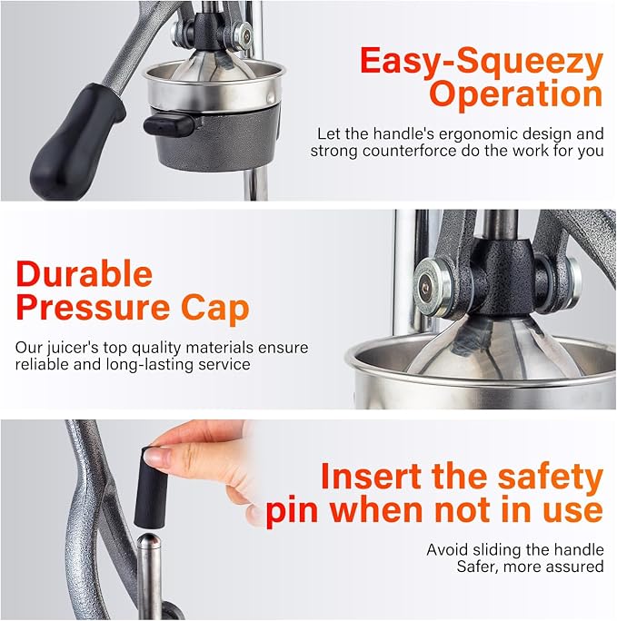 Manual Cast Iron Juicer, Gray Lemon Citrus Squeezer | Detachable Cone, Free Stainless Steel Cup, Extracts Juice from Lemons, Oranges and Grapefruits, Easy to Clean