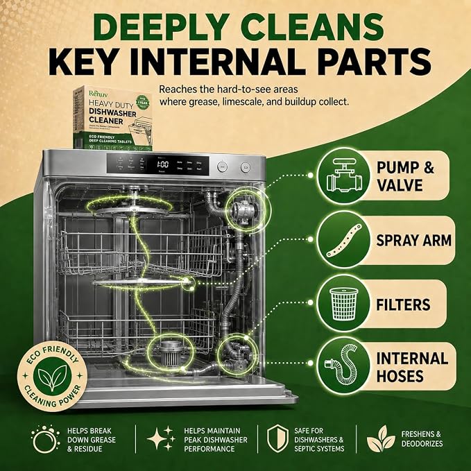Renuv® Dishwasher Cleaner + Garbage Disposal Cleaner, 12 Tablets Each | Heavy Duty Kitchen Appliance, Deep Cleaning, Descaling and Deodorizing