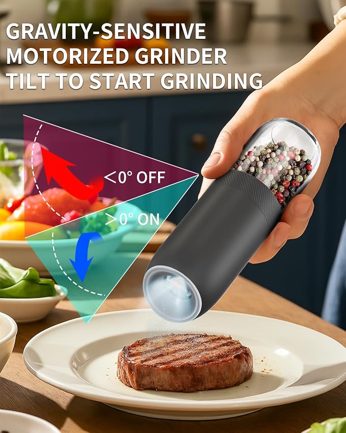 CIRCLE JOY Gravity Electric Salt and Pepper Grinder Set, Battery Powered Automatic Pepper Mills with Adjustable Coarseness, One Hand Operation, 176ml Large Container, Black - Includes 8 Batteries